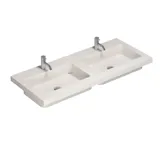 Elegant og moderne badeværelse inspiration med mørke marmorvægge, runde oplyste spejle med sort ramme, væghængt vaskeskab med dobbeltvask og en rummelig bruseniche