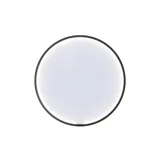 Elegant og moderne badeværelse inspiration med mørke marmorvægge, runde oplyste spejle med sort ramme, væghængt vaskeskab med dobbeltvask og en rummelig bruseniche