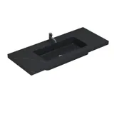 Stort badeværelse inspiration med elegant stenvask i Charcoal Soapstone med stilrent hvidt vaskeskab med messinggreb samt smukt spejlskab, der med stengulv giver et eksklusivt og moderne udtryk.