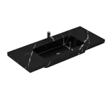 Stort badeværelse inspiration med elegant stenvask i Eternal Marquina med stilrent hvidt vaskeskab med messinggreb samt smukt spejlskab, der med stengulv giver et eksklusivt og moderne udtryk.