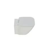 Stilfuld badeværelse inspiration med beige vaskeskab med inderskuffe, overskab, åben reol, oval spejl med belysning, matchende pendler, hylde under spejlet, og væghængt toilet. Vægge med lyse, aflange fliser