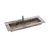 Stort badeværelse inspiration med grå vaskeskab med integreret greb, stilfuld sidestillet håndvask, firkantet spejl med afrundede hjørner, vægge i beton look samt rå materialer giver et urban udtryk