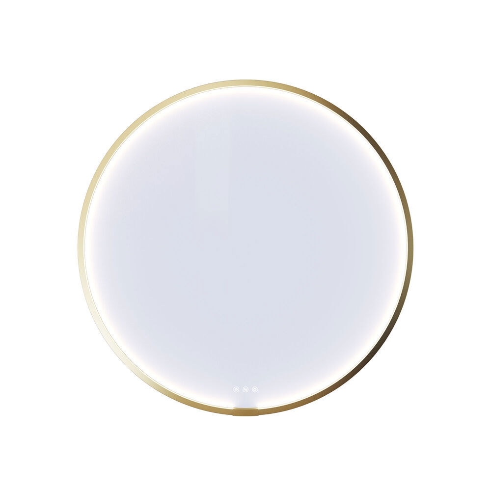 Stort og romantisk badeværelse med rundt spejl med guldkant