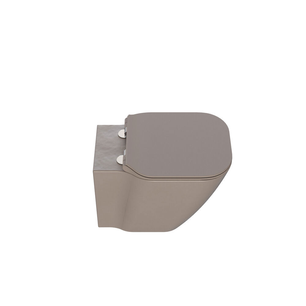 Stilrent og rummeligt badeværelse inspiration med stort rundt spejl med sort ramme, mørk stenvask, farvet toilet, overskab og åben reol i et sofistikeret og dæmpet design.