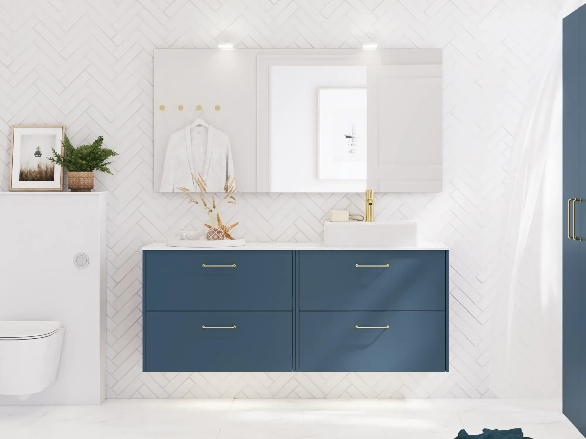 Badeværelse inspiration med badeværelsesmøbler i moderne blå farve, elegant bordstående vask og stort firkantet spejl med lys, hvide sildebensfliser giver et stilfuldt og klassisk udtryk