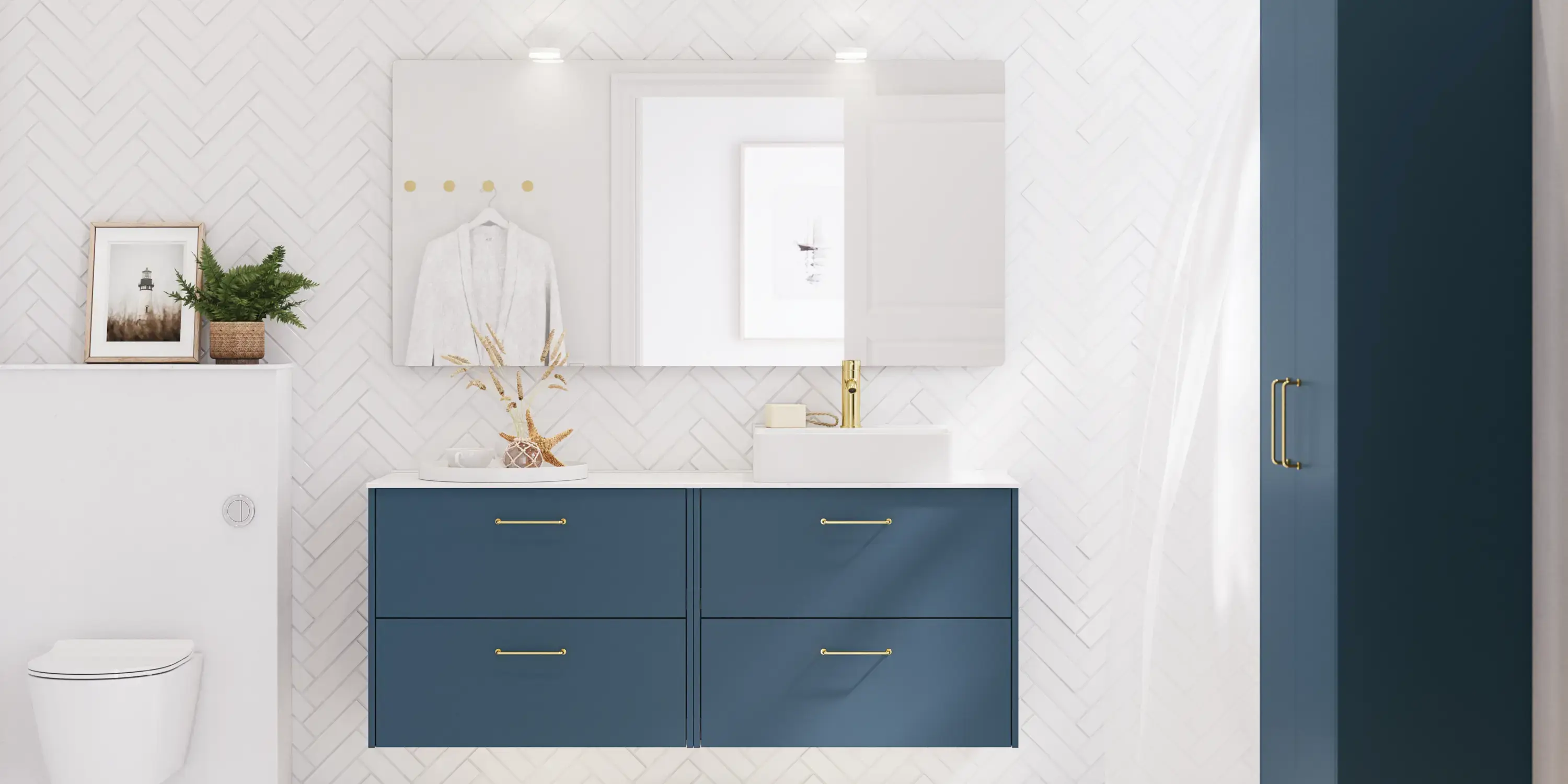 Badeværelse inspiration med badeværelsesmøbler i moderne blå farve, elegant bordstående vask og stort firkantet spejl med lys, hvide sildebensfliser giver et stilfuldt og klassisk udtryk