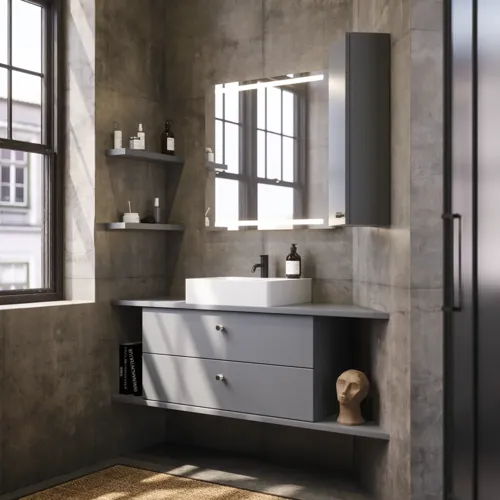 Badeværelse inspiration med skrå vægge inspiration, gråt vaskeskab og overskab, specialmål bordplader, moderne firkantet bordstående vask, firkantet spejl med lys, rå beton vægge og gulve giver et urban udtryk
