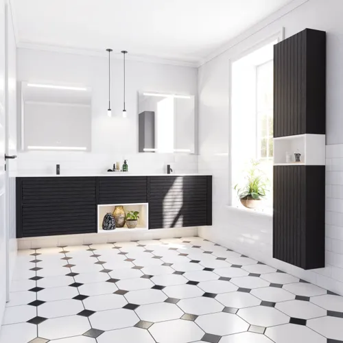 Stort badeværelse inspiration med badeværelsesmøbler i eg noir med elegante lameller, stilfuld dobbelt håndvask, firkantede spejle, hvide fliser med geometrisk mønster giver et lyst, symmetrisk og klassisk udtryk.