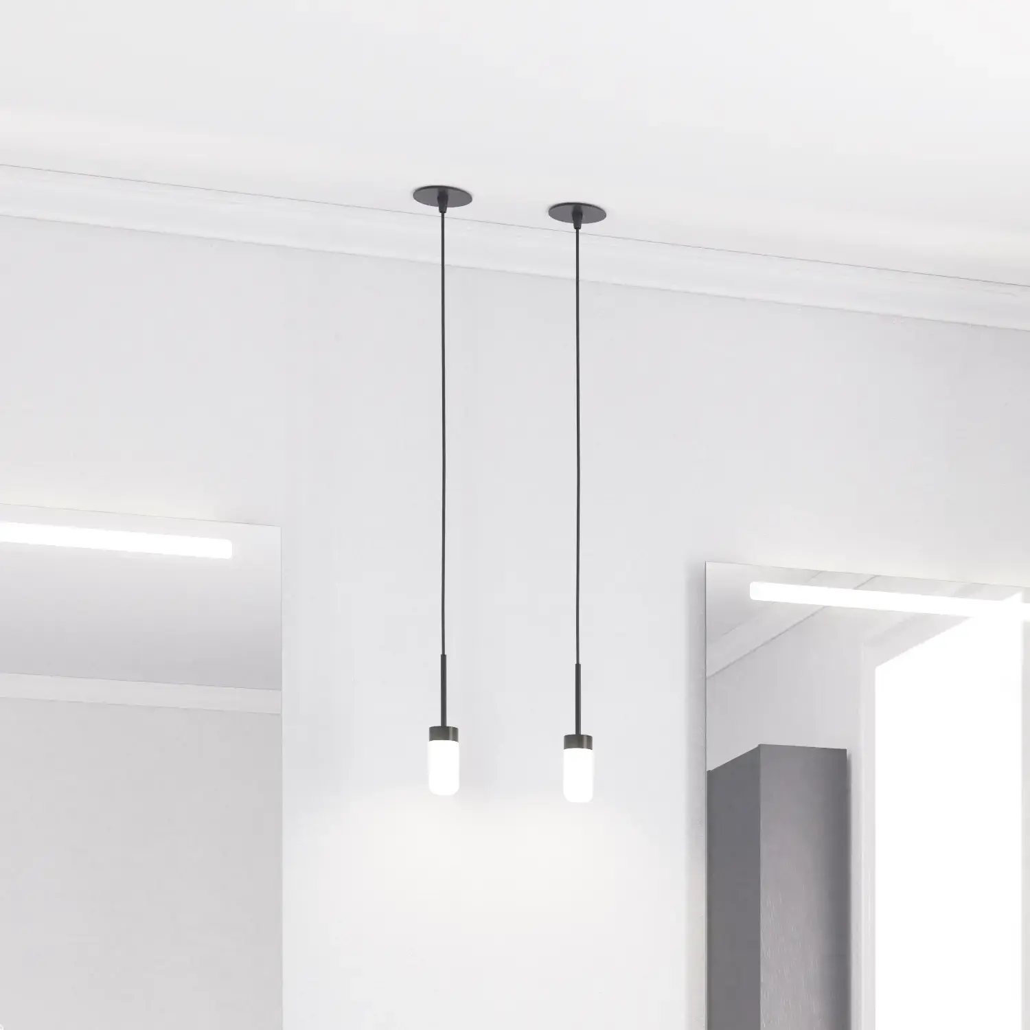 Stort badeværelse inspiration med badeværelsesmøbler i eg noir med elegante lameller, stilfuld dobbelt håndvask, firkantede spejle, hvide fliser med geometrisk mønster giver et lyst, symmetrisk og klassisk udtryk.