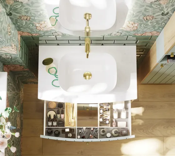 Badeværelse inspiration med grønne møbler i specialfarve med sider i natur eg, elegante riller, stilfuld bordplade med romantisk oval håndvask, smukt ovalt spejl og blomstret tapet giver et yndefuldt, vintage retro udtryk.