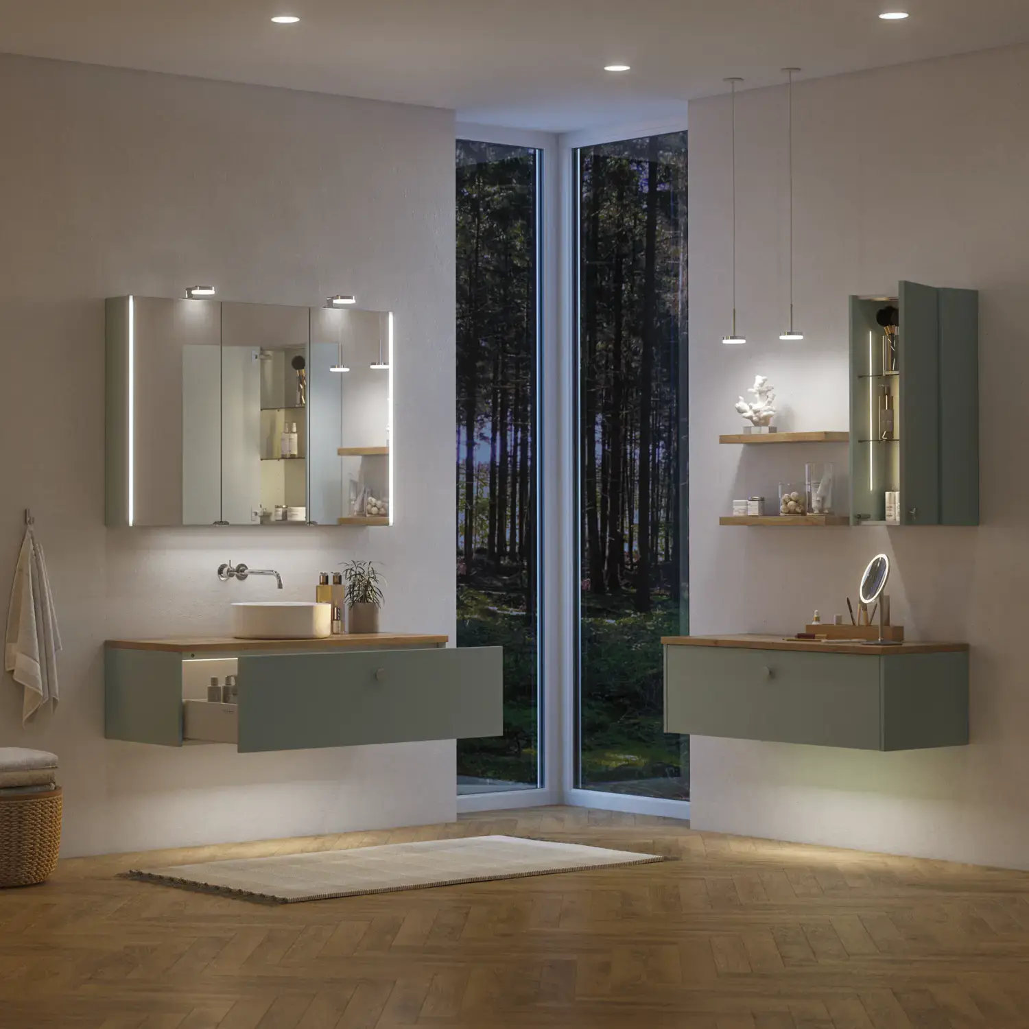 Stort badeværelse inspiration i nordisk stil med badeværelsesmøbler i lys blå farve og træbordplade med elegant bordstående håndvask, sildebensgulv i træ, der skaber en lys og klassisk stil