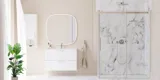 Stort badeværelse inspiration med stor luksuriøs brusekabine med skydedør, hvide badeværelsesmøbler, store moderne fliser og lange gardiner giver et klassisk og romantisk udtryk
