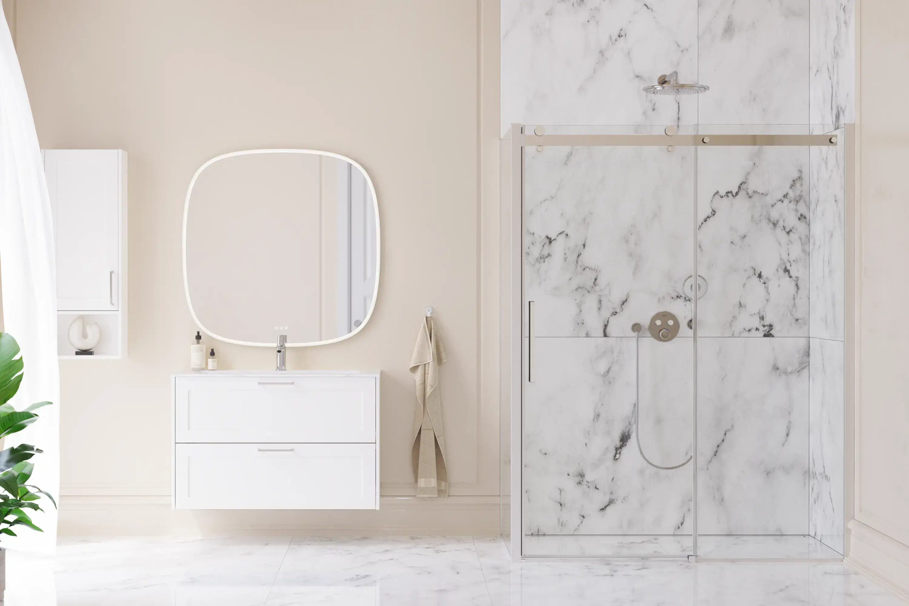 Stort badeværelse inspiration med stor luksuriøs brusekabine med skydedør, hvide badeværelsesmøbler, store moderne fliser og lange gardiner giver et klassisk og romantisk udtryk