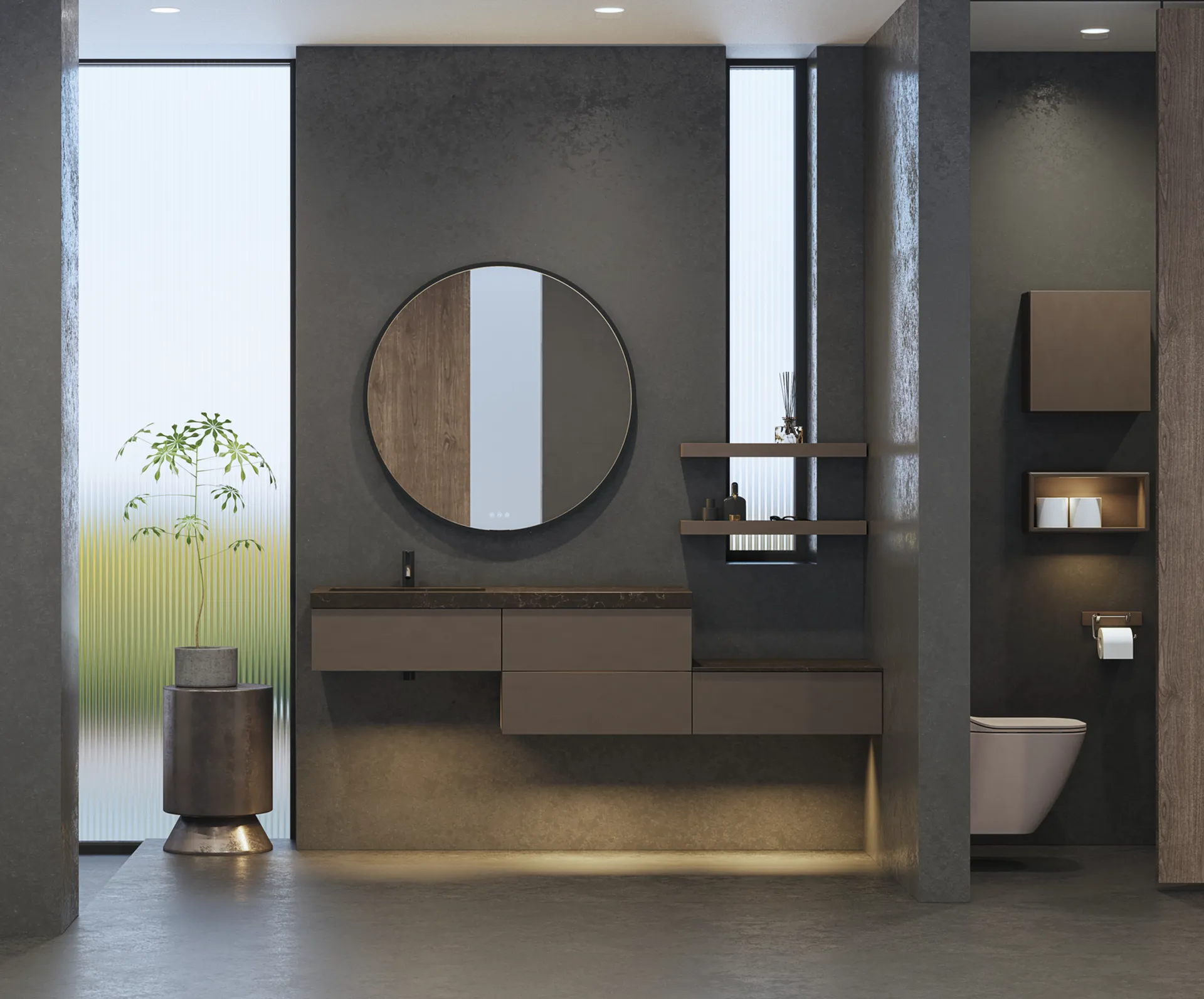 Stilrent og rummeligt badeværelse inspiration med stort rundt spejl med sort ramme, mørk stenvask, farvet toilet, overskab og åben reol i et sofistikeret og dæmpet design