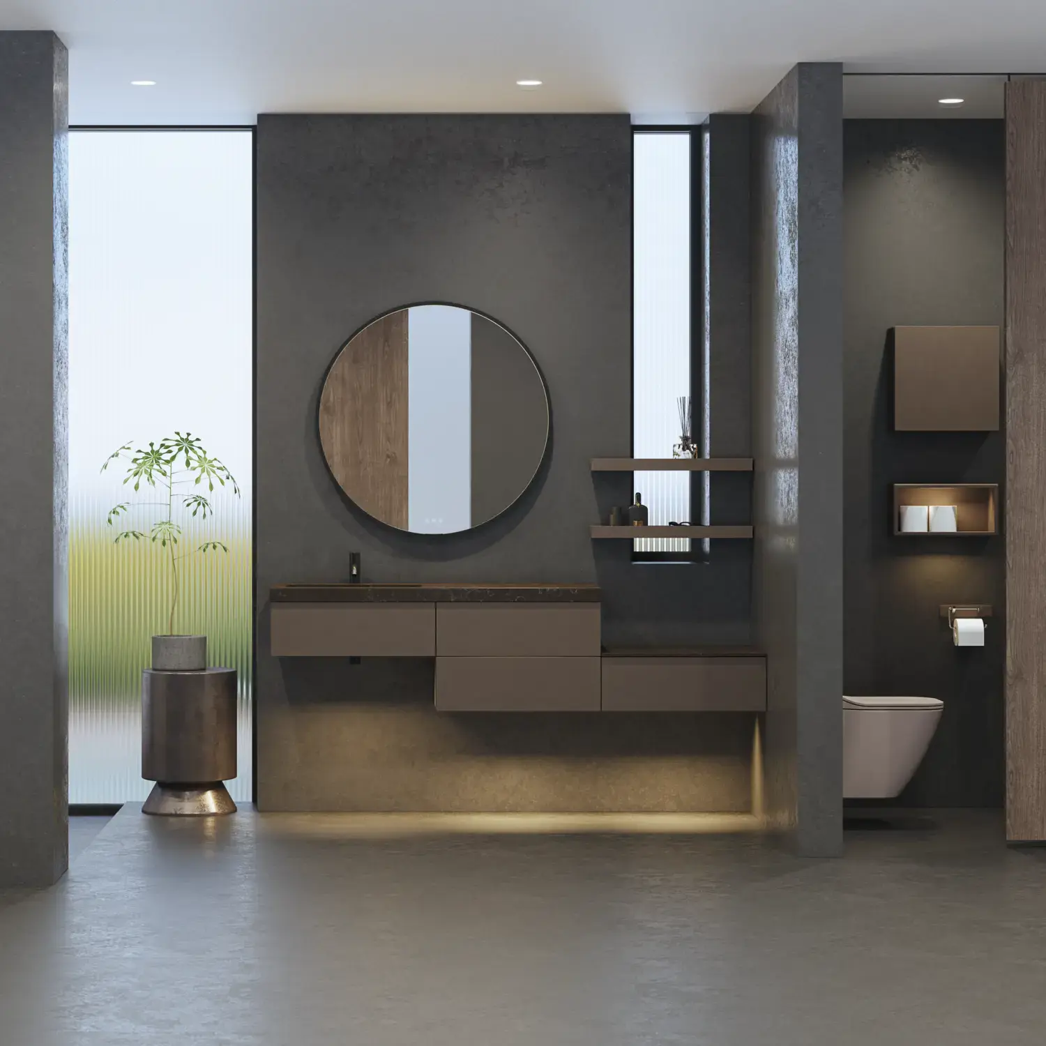 Stilrent og rummeligt badeværelse inspiration med stort rundt spejl med sort ramme, mørk stenvask, farvet toilet, overskab og åben reol i et sofistikeret og dæmpet design