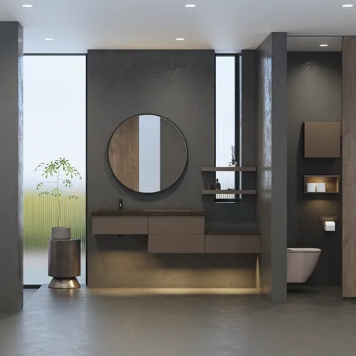 Stilrent og rummeligt badeværelse inspiration med stort rundt spejl med sort ramme, mørk stenvask, farvet toilet, overskab og åben reol i et sofistikeret og dæmpet design