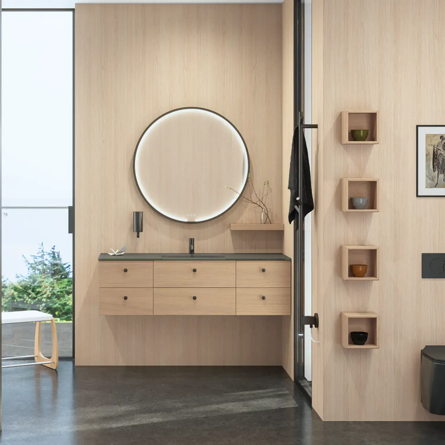 Stilfuldt badeværelse i skandinavisk og japandi indretningsstil med lyse trævægge, rundt spejl og minimalistiske badeværelsesmøbler