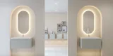 Stilfuld og moderne badeværelse inspiration med ovale spejle med lysstyring, stenvaske og vaskeskabe med fine og elegante riller i et minimalistisk design, badeværelset har en lys og luftig atmosfære med elegant belysning og raffinerede detaljer