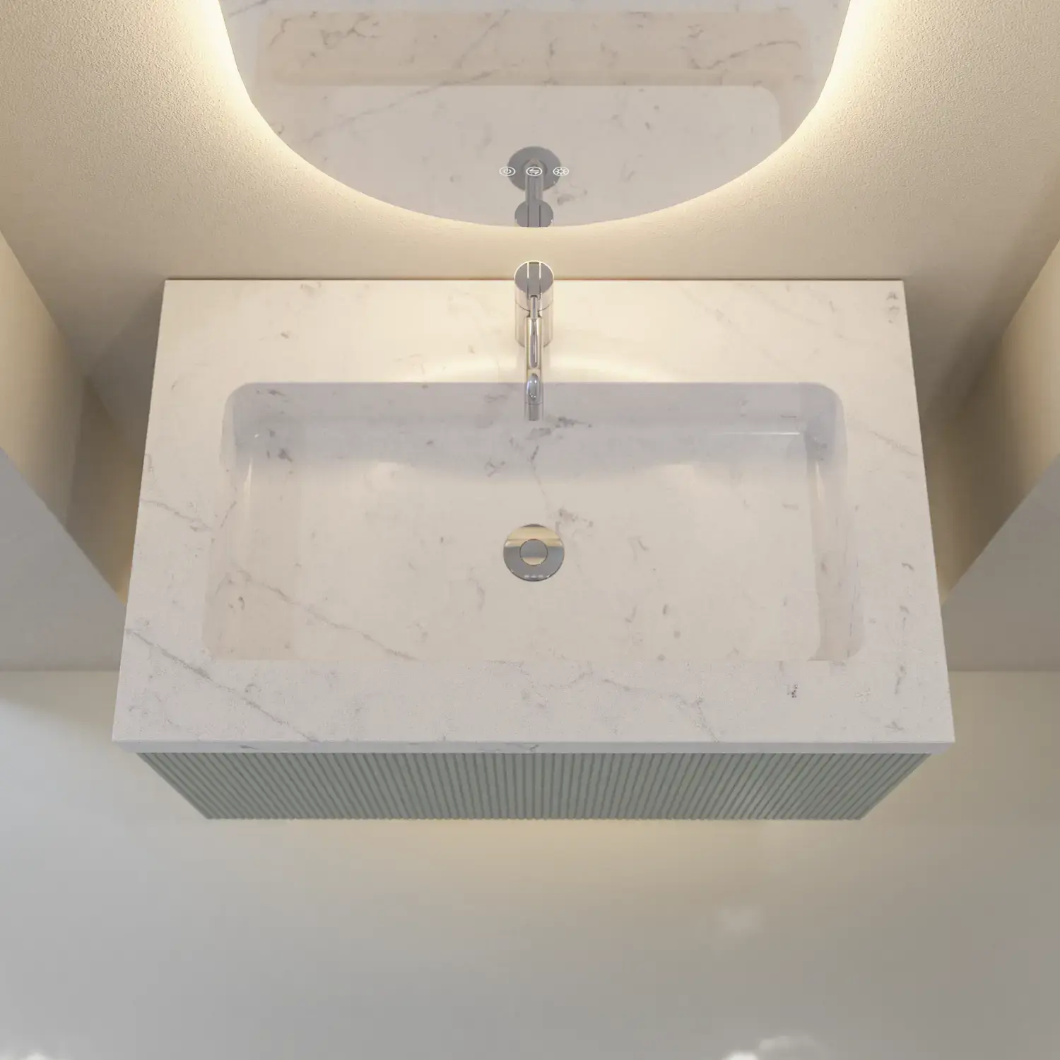 Stilfuld og moderne badeværelse inspiration med ovale spejle med lysstyring, stenvaske og vaskeskabe med fine og elegante riller i et minimalistisk design, badeværelset har en lys og luftig atmosfære med elegant belysning og raffinerede detaljer