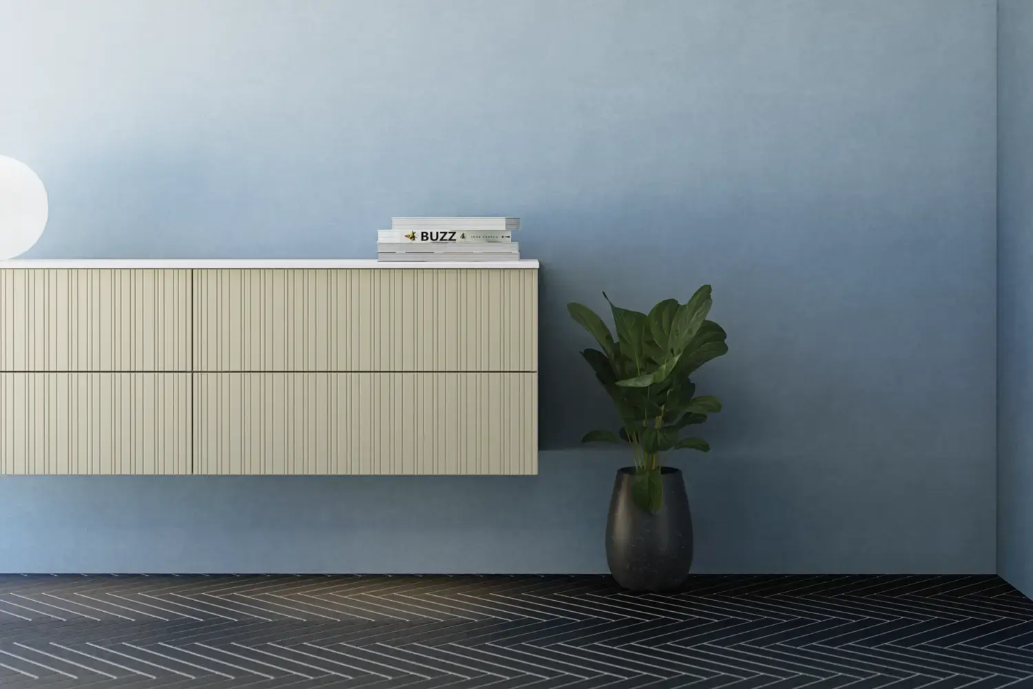 Badeværelse med skrå loft inspiration, beige badeværelsesmøbler med rifler, elegant bordplade samt firkantet bordstående håndvask, smukt firkantet spejl med stilfulde hylder, blå vægge, store vinduer og sort sildebensgulv giver et lyst og urban udtryk.