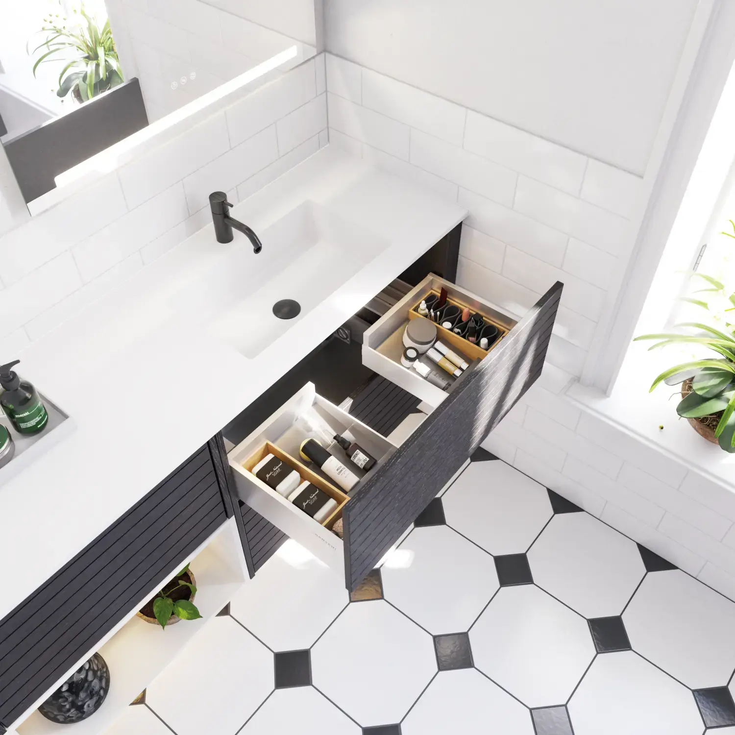 Stort badeværelse inspiration med badeværelsesmøbler i eg noir med elegante lameller, stilfuld dobbelt håndvask, firkantede spejle, hvide fliser med geometrisk mønster giver et lyst, symmetrisk og klassisk udtryk.