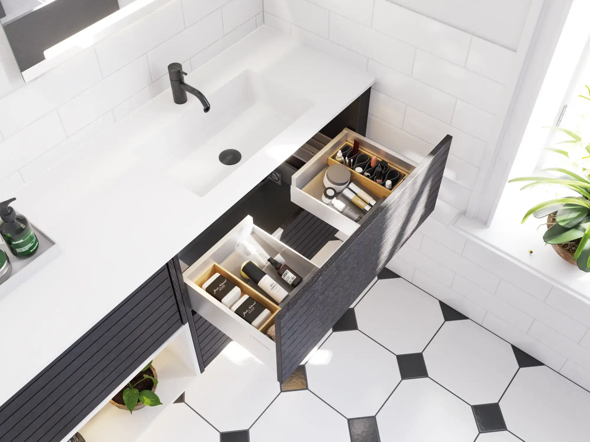 Stort badeværelse inspiration med badeværelsesmøbler i eg noir med elegante lameller, stilfuld dobbelt håndvask, firkantede spejle, hvide fliser med geometrisk mønster giver et lyst, symmetrisk og klassisk udtryk.