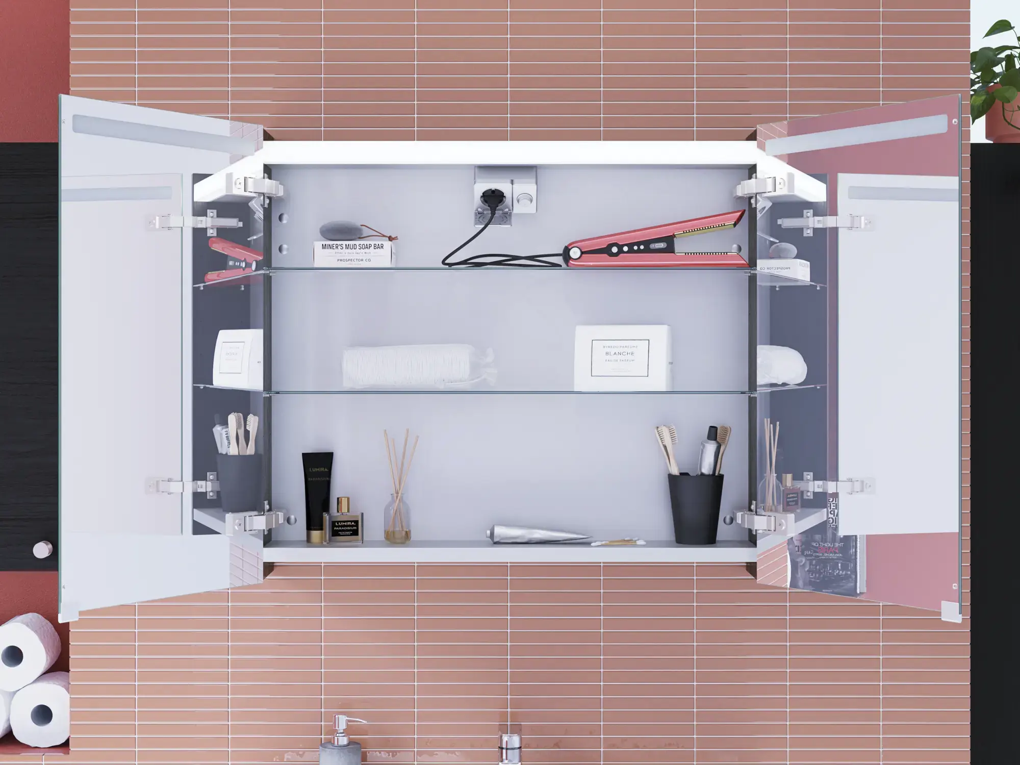 Stort badeværelse inspiration med badeværelsesmøbler i Sort Struktur med elegant spejlskab med integreret lys og praktisk og lækker indretning samt elstik, der gør oplevelsen på badeværelset eksklusiv.