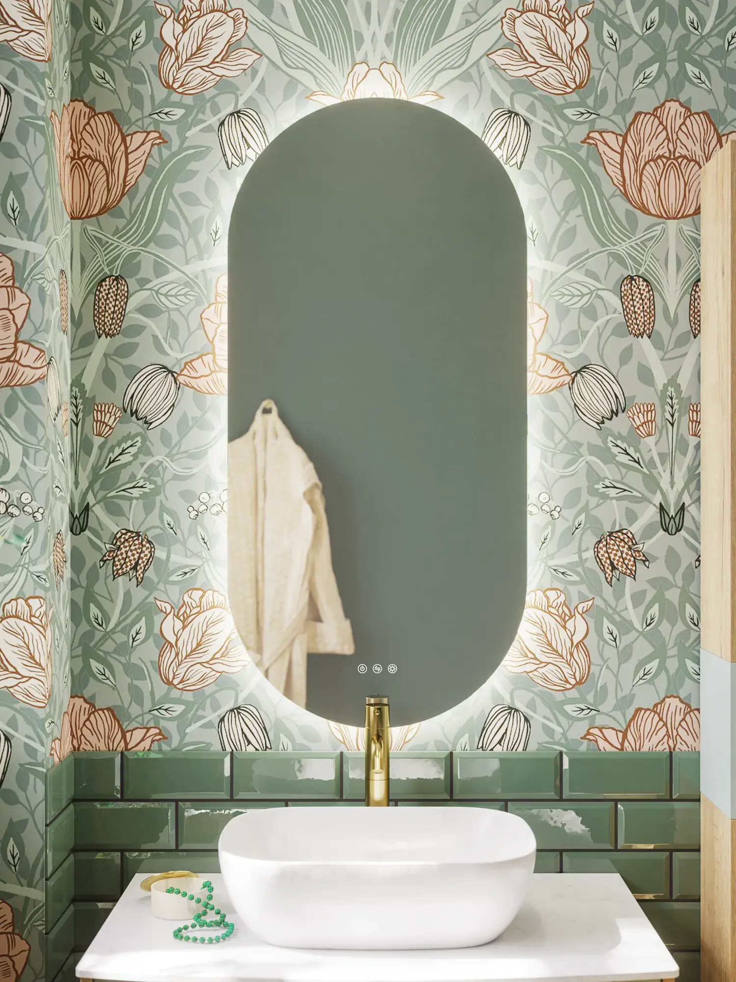 Badeværelse inspiration med grønne møbler i specialfarve med sider i natur eg, elegante riller, stilfuld bordplade med romantisk oval håndvask, smukt ovalt spejl og blomstret tapet giver et yndefuldt, vintage retro udtryk.