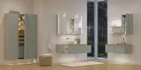 Stort badeværelse inspiration i nordisk stil med badeværelsesmøbler i lys blå farve og træbordplade med elegant bordstående håndvask, sildebensgulv i træ, der skaber en lys og klassisk stil