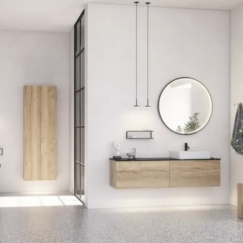 Stort urban badeværelse inspiration med natur eg møbler, stenbordplade med firkantet vask, rundt spejl med sort kant, naturfarver og terracottagulv giver et industrielt og moderne look