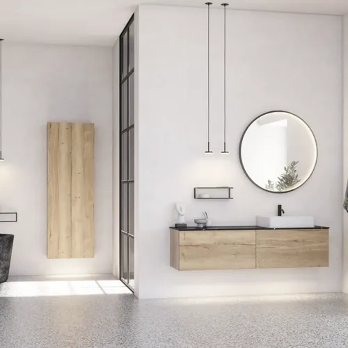 Stort urban badeværelse inspiration med natur eg møbler, stenbordplade med firkantet vask, rundt spejl med sort kant, naturfarver og terracottagulv giver et industrielt og moderne look
