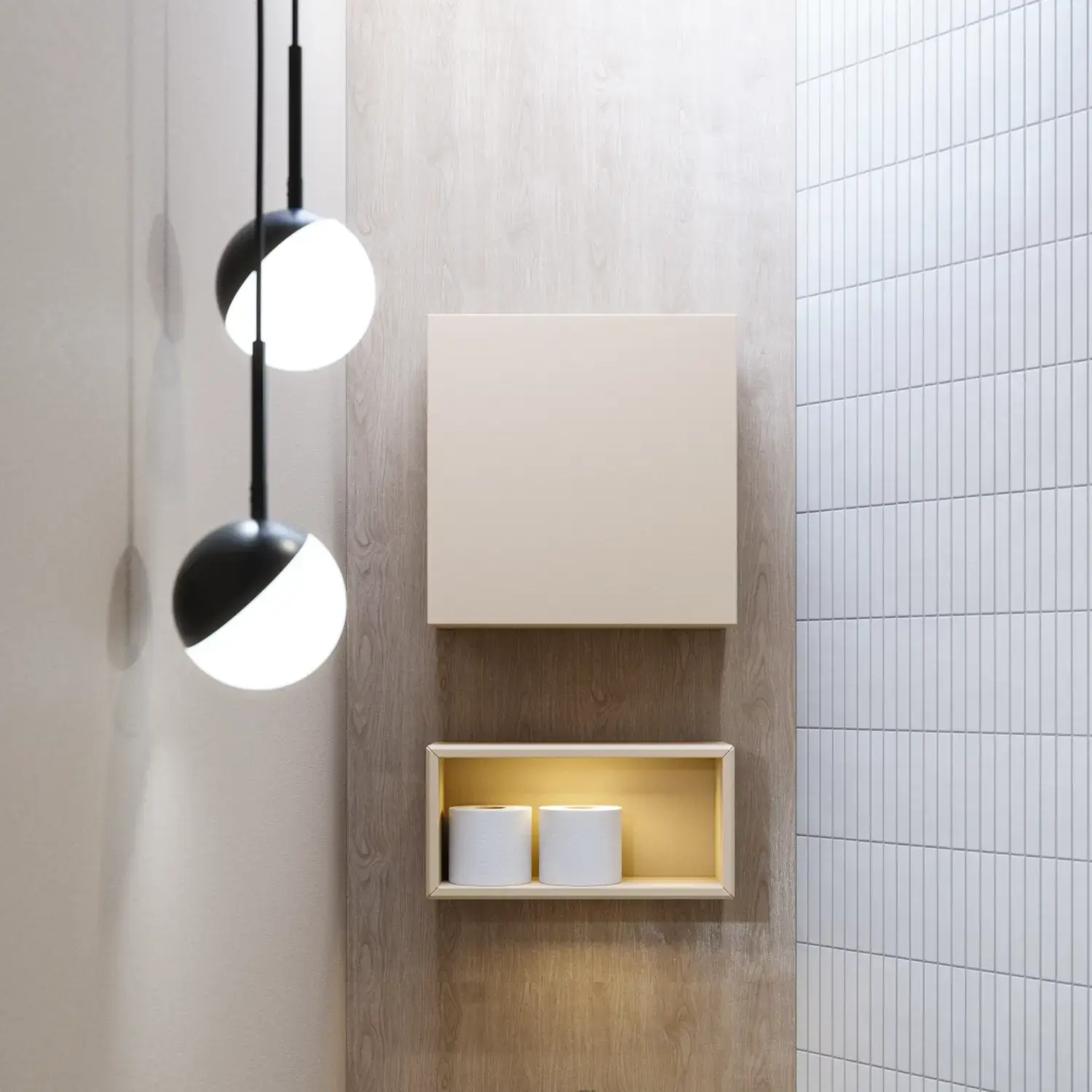 Stilfuld badeværelse inspiration med beige vaskeskab med inderskuffe, overskab, åben reol, oval spejl med belysning, matchende pendler, hylde under spejlet, og væghængt toilet. Vægge med lyse, aflange fliser