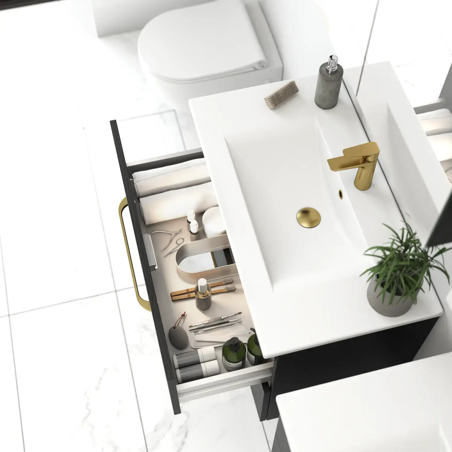 Badeværelse inspiration med elegant håndvask og lækker skuffe til vaskeskab med indretning, store hvide fliser giver et lyst og minimalistisk look.