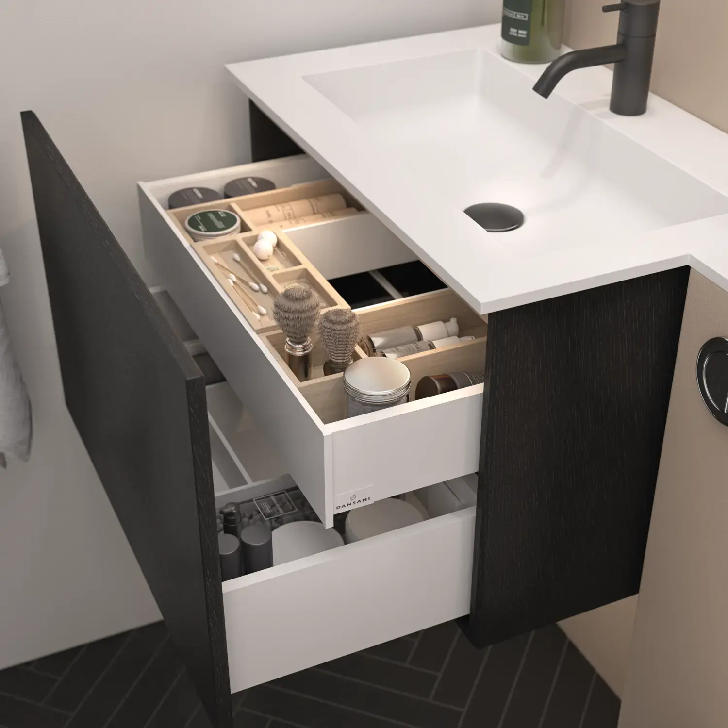 Elegant vaskeskab med praktisk inderskuffe og elegante skuffeindretninger med stilfulde træbakker.