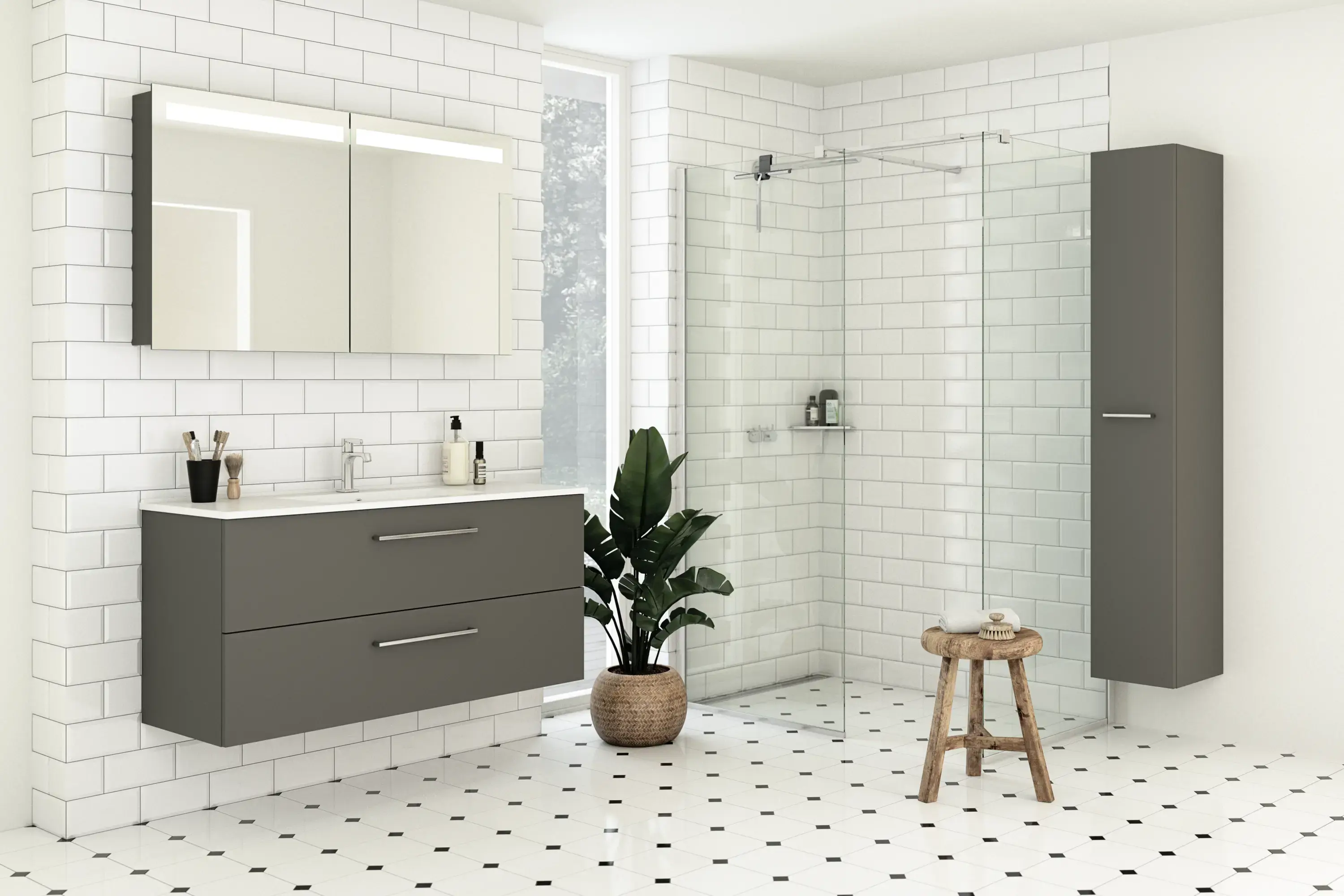Stort badeværelse inspiration med badeværelsesmøbler i grå mat med elegant håndvask, smukt spejlskab med integreret lys, walk-in brusebad, hvide fliser med sort mønster giver et klassisk udtryk.