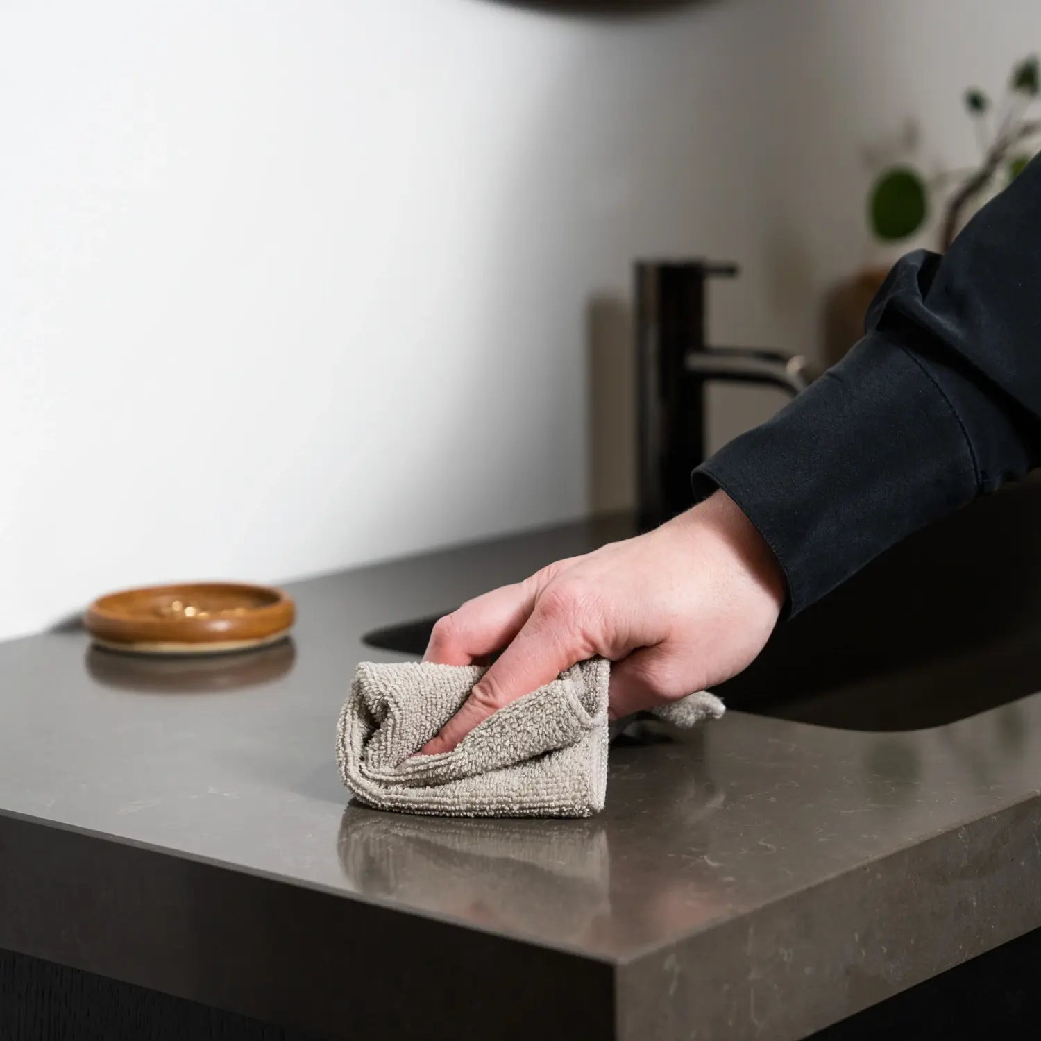 Rengøring og vedligeholdelse af badeværelsesmøbler: En person tørrer skånsomt en mørk badeværelsesbordplade af med en beige mikrofiberklud for at fjerne snavs og vandstænk.