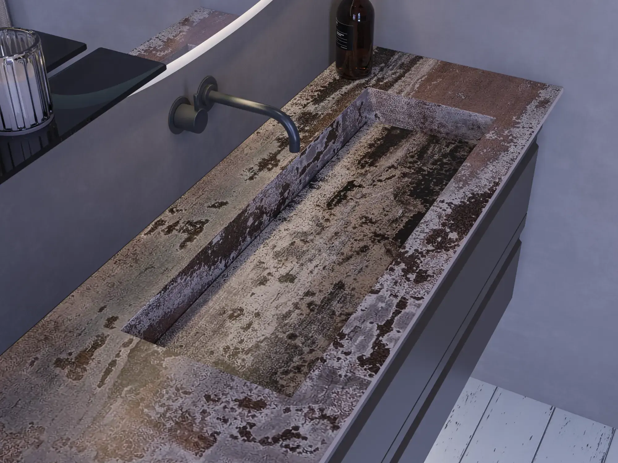 Stort badeværelse inspiration med grå vaskeskab med integreret greb, stilfuld sidestillet håndvask, firkantet spejl med afrundede hjørner, vægge i beton look samt rå materialer giver et urban udtryk