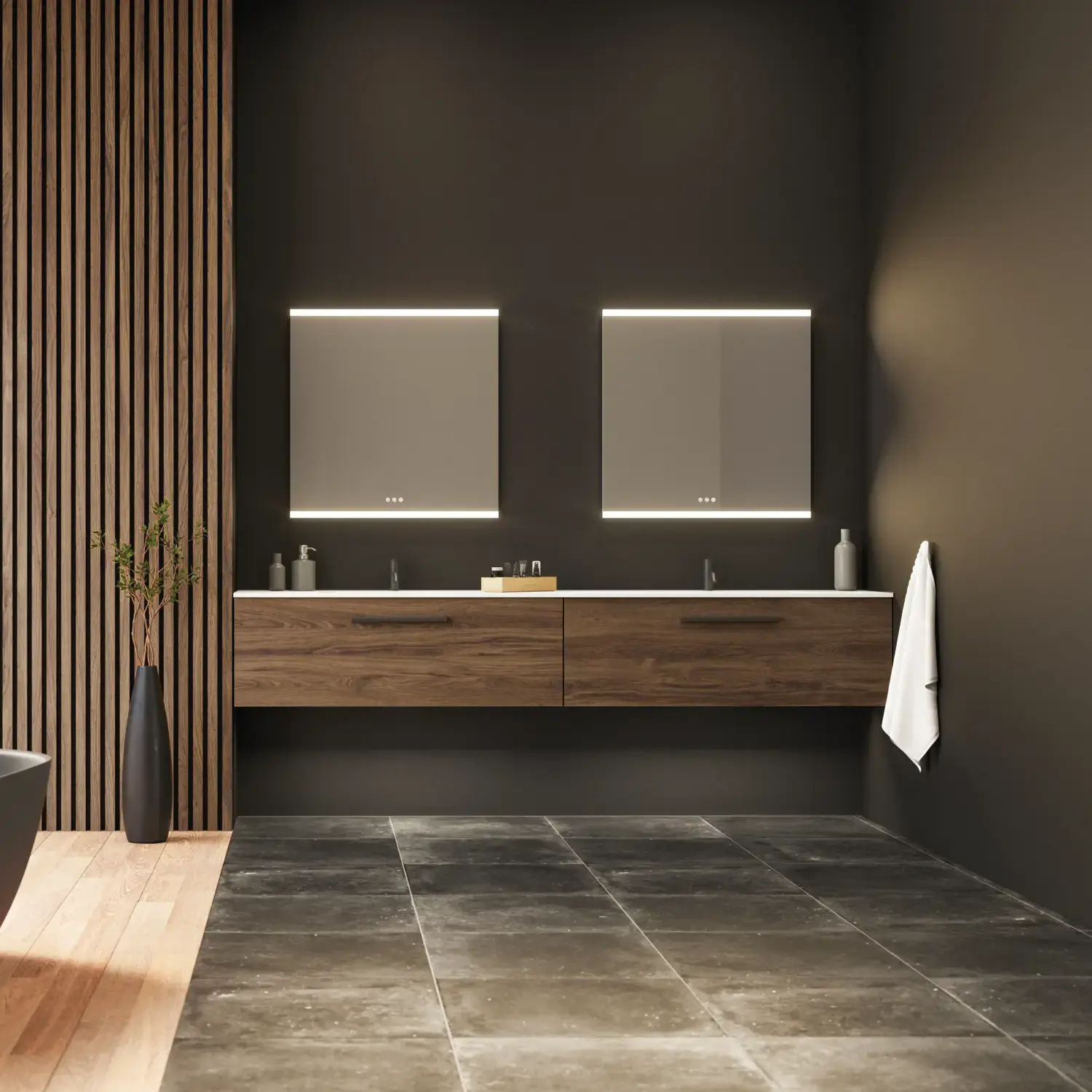 Stort badeværelse inspiration med vaskeskabe og trælameller i brun eg, fritstående badekar, og firkantede spejle med lys, elegant dobbelthåndvask giver et moderne og symmetrisk look