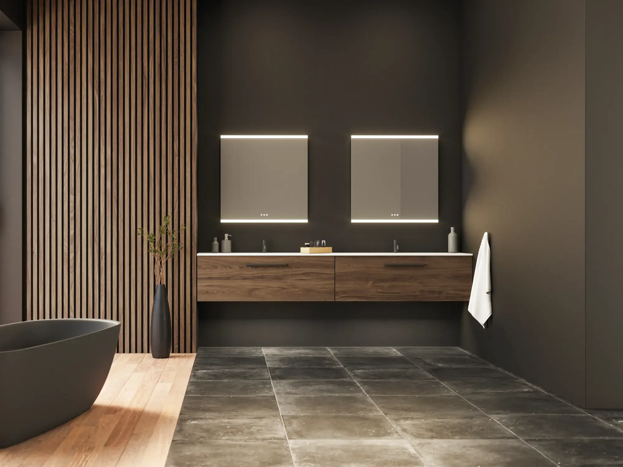 Stort badev&#xE6;relse inspiration med vaskeskabe og tr&#xE6;lameller i brun eg, fritst&#xE5;ende badekar, og firkantede spejle med lys, elegant dobbelth&#xE5;ndvask giver et moderne og symmetrisk look