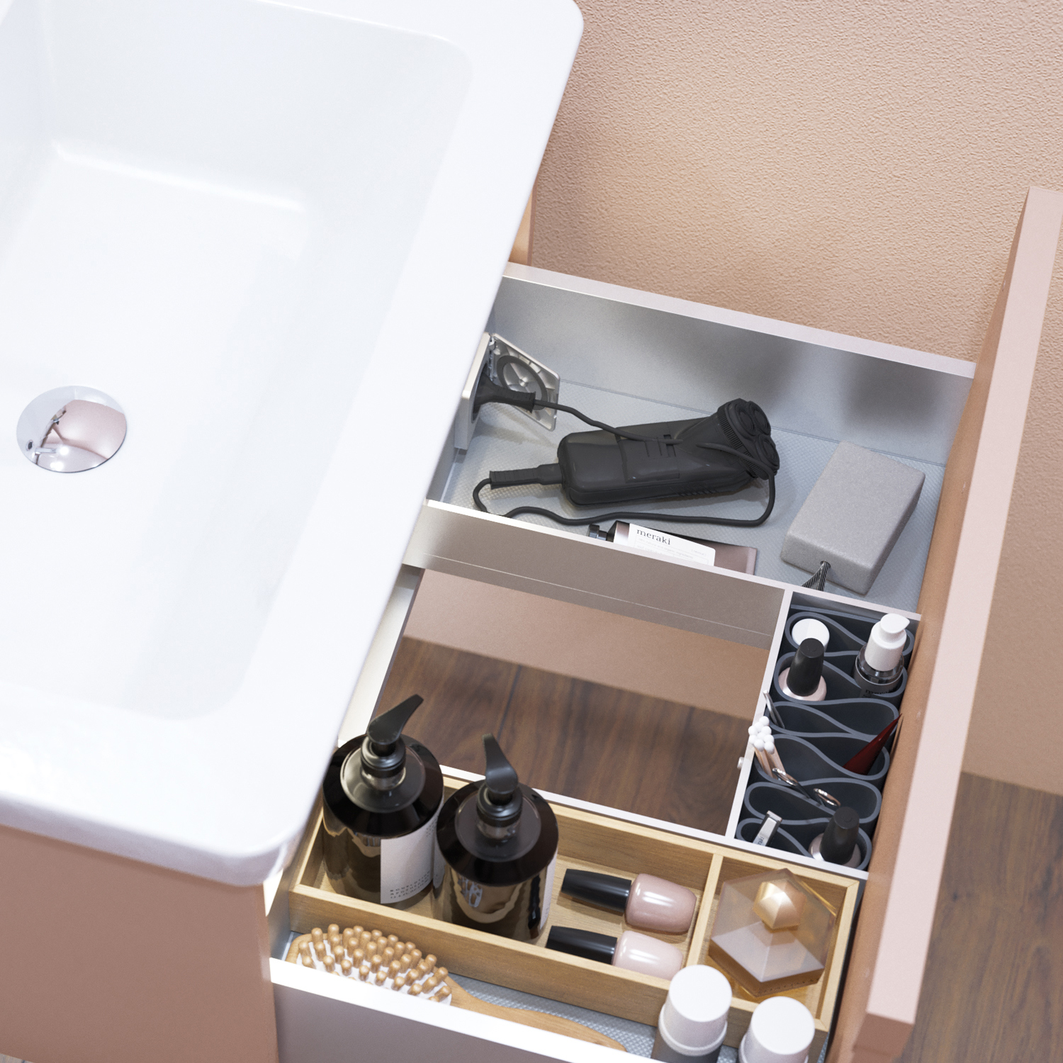 Stilfuld badeværelse inspiration med beige vaskeskab med inderskuffe, overskab, åben reol, oval spejl med belysning, matchende pendler, hylde under spejlet, og væghængt toilet. Vægge med lyse, aflange fliser