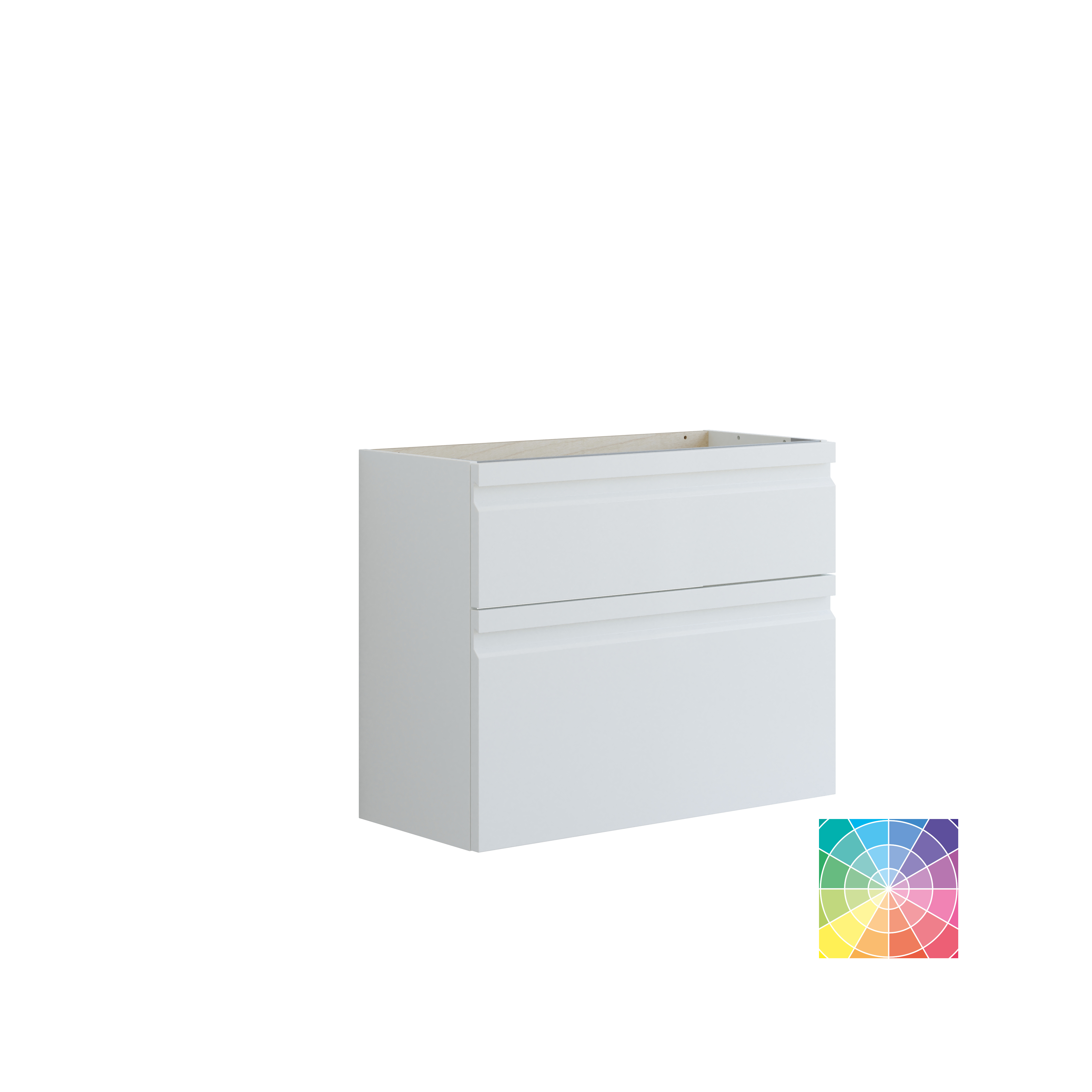 Lille badeværelse inspiration med vaskeskab og overskab over toilet i beige specialfarve, elegant spejlskab med integreret lys, de lyse farver og hvide gardin skaber en romantisk og feminin atmosfære.