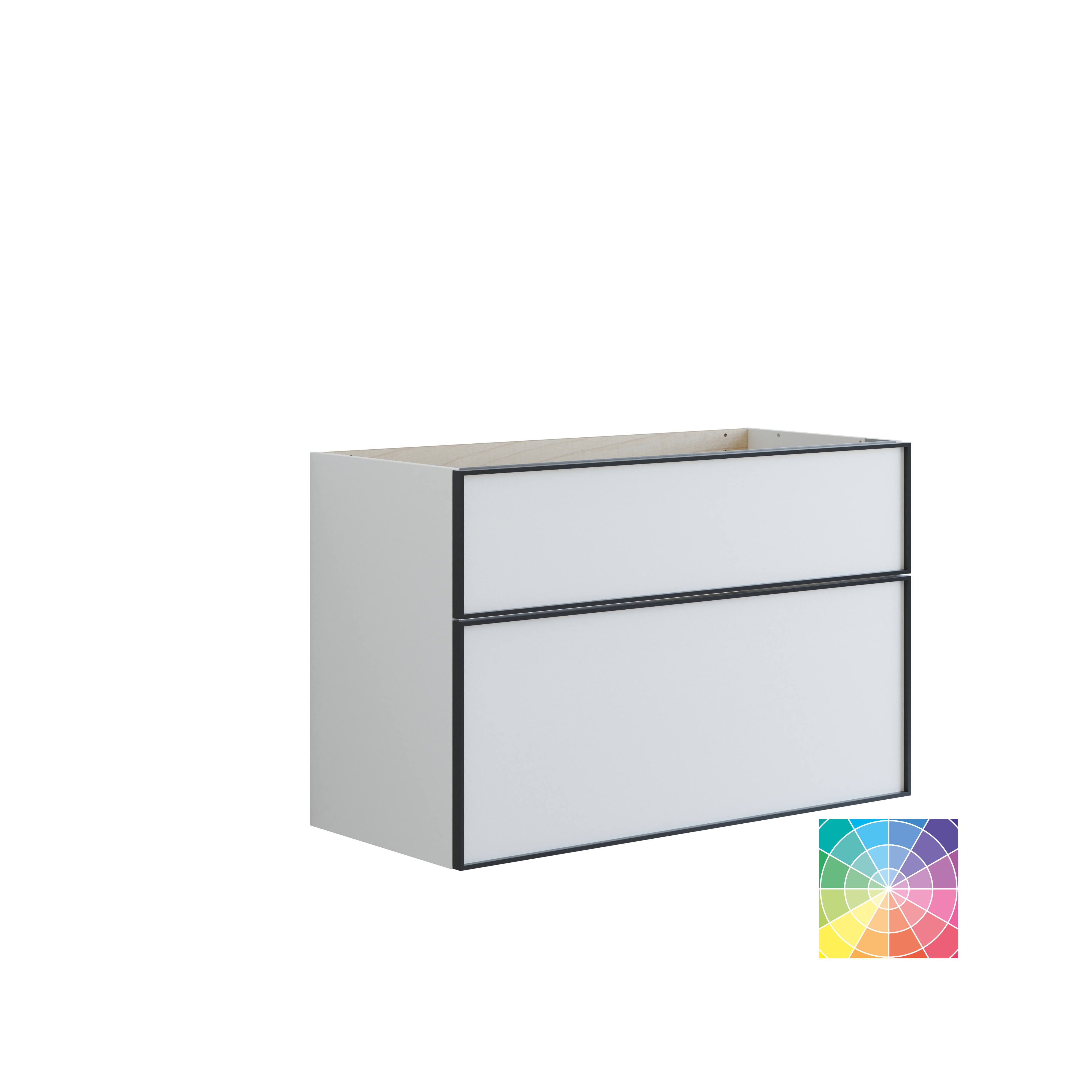Badeværelse med skrå vægge inspiration, med badeværelsesmøbler i lilla med elegante rammefronter, flot ovalt spejl med lampe, smuk og praktisk hylde, samt lillamalet væg og gråt sildebensgulv, der giver et elegant og moderne udtryk.