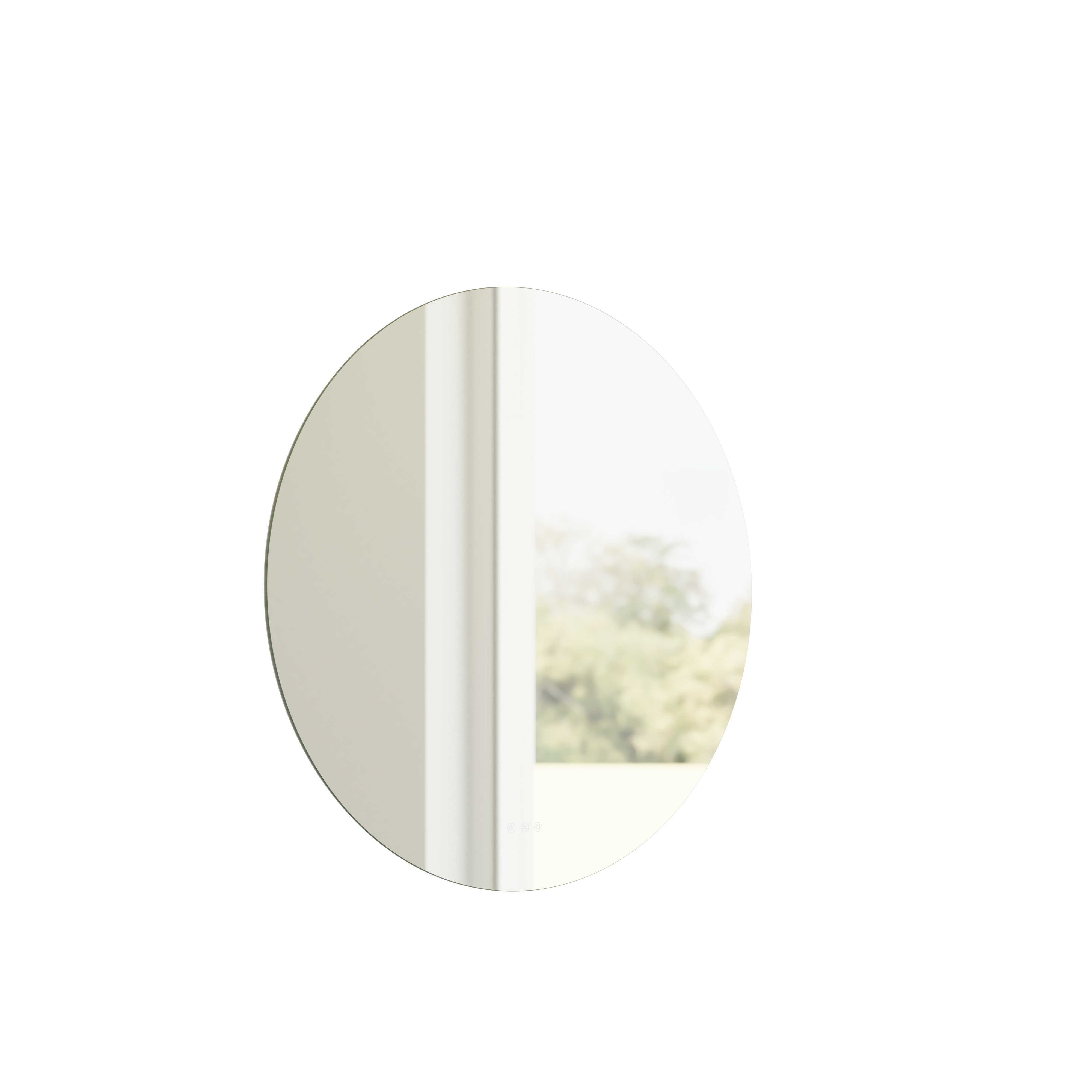 Minimalistisk og stilrent badeværelse inspiration med vaskeskab, underskabe og højskabe i gylden eg, stort rundt spejl med lysstyring, farvet toilet og bordstående håndvask