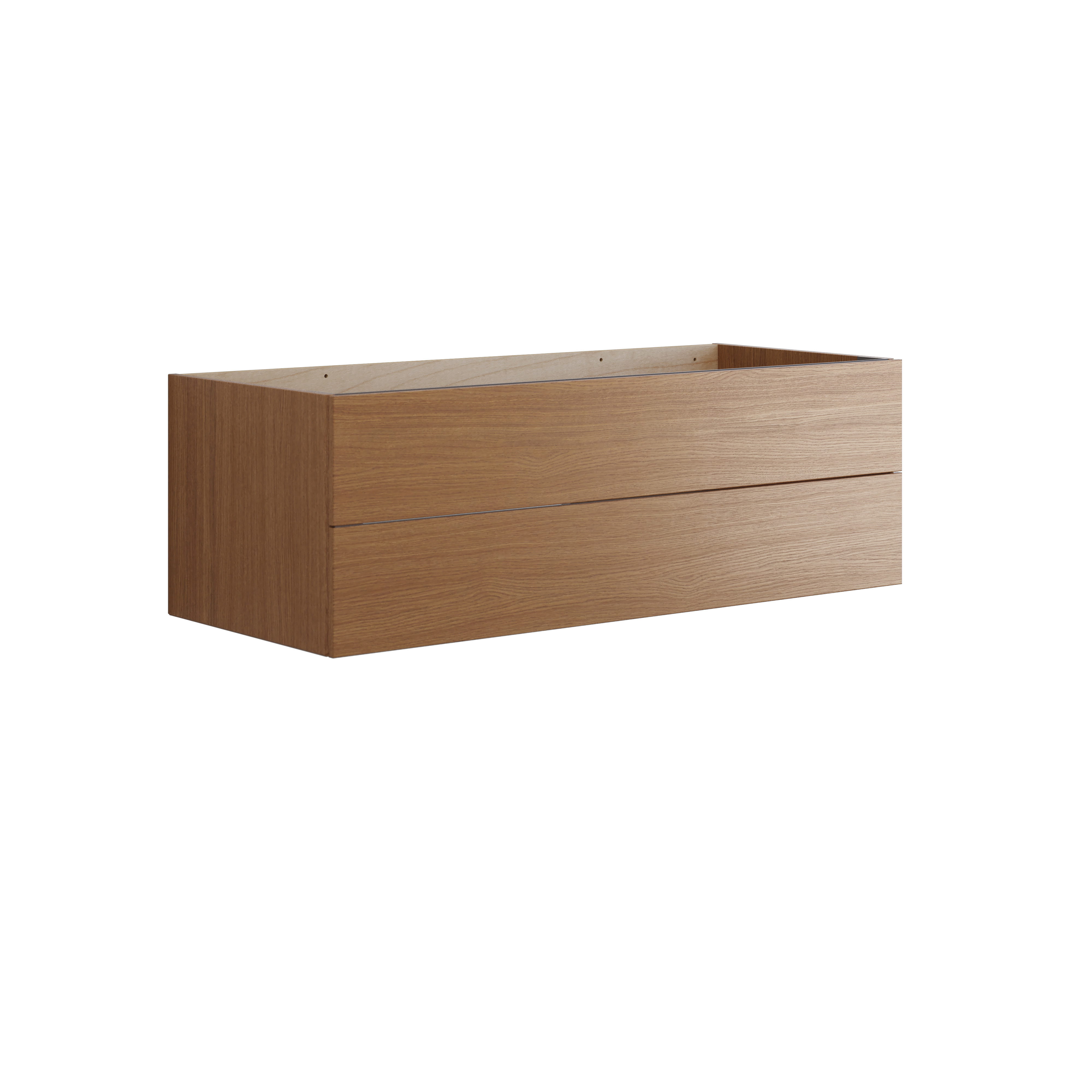 Minimalistisk og stilrent badeværelse inspiration med vaskeskab, underskabe og højskabe i gylden eg, stort rundt spejl med lysstyring, farvet toilet og bordstående håndvask