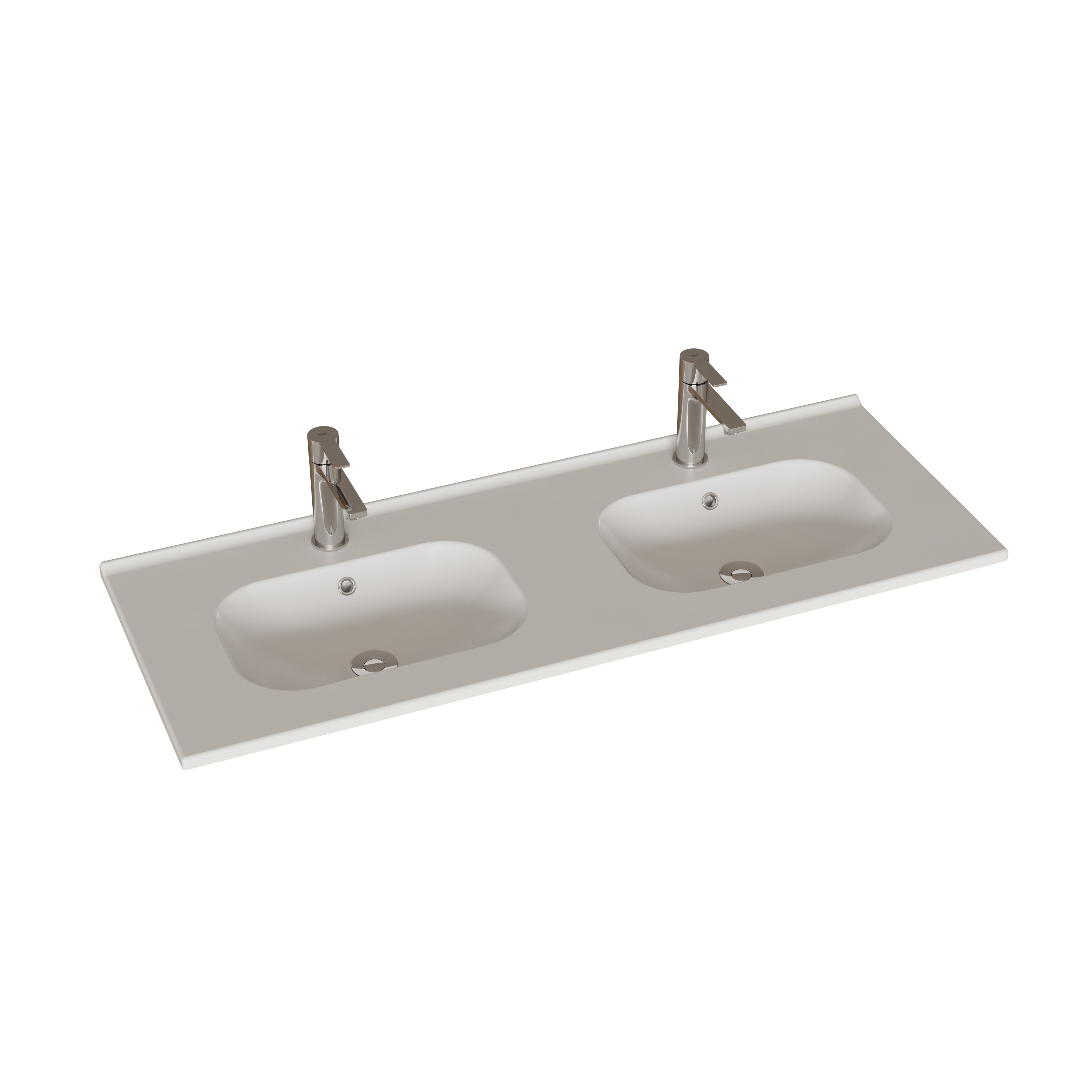 Stort badeværelse inspiration med badeværelsesmøbler i brun eg med sorte rammefronter, elegant dobbeltvask samt sort hylde, firkantede spejle med afrundede hjørner, sort hjørnebrus med foldedøre, hvide fliser og beige vægge giver et moderne udtryk