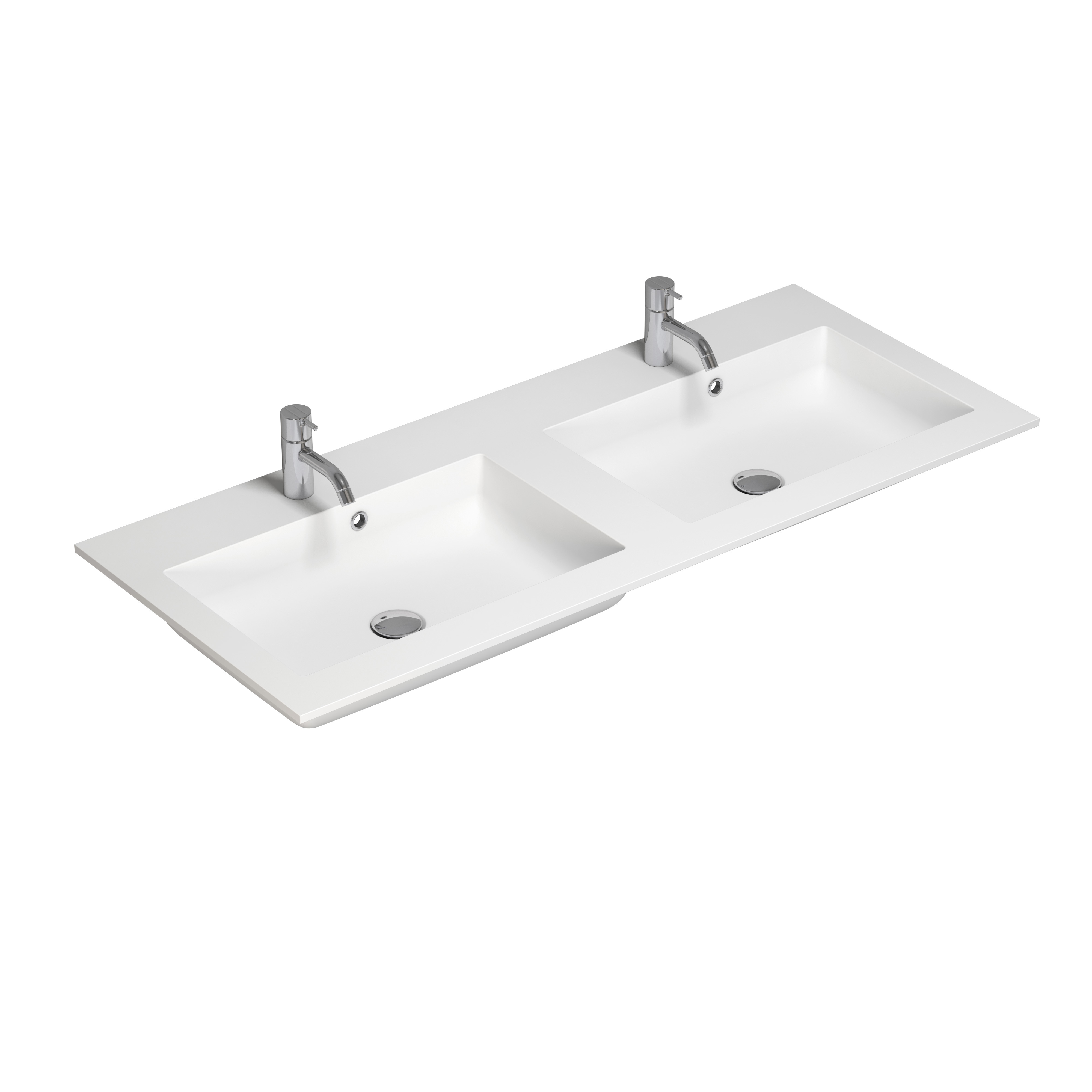 Stort og moderne minimalistisk badeværelse inspiration med dobbeltvask, firkantede spejle med lysstyring, stilfulde pendler, store grå fliser, og et rummeligt design med masser af naturligt lys