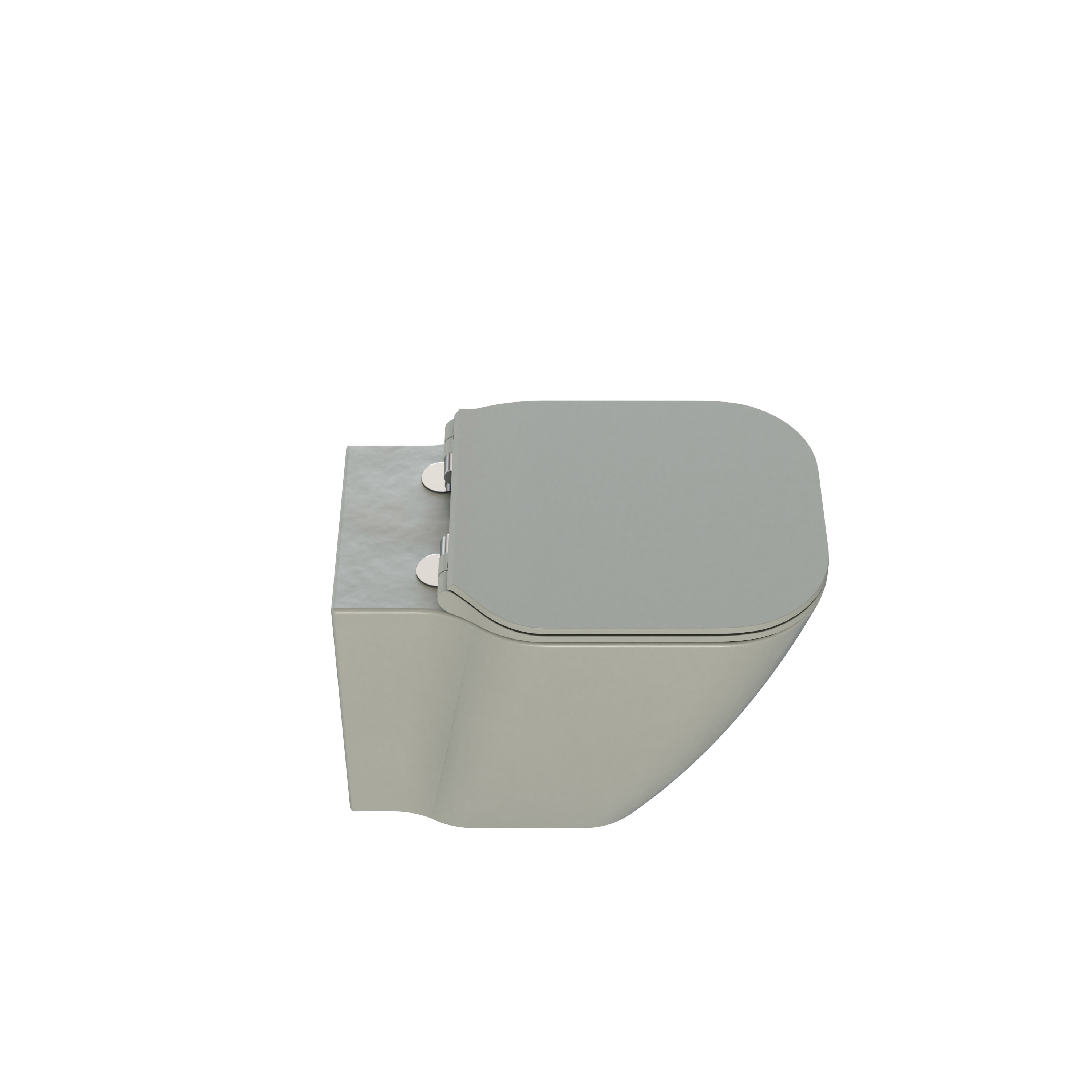 Stilfuldt og luksuriøst badeværelse med blide grønne nuancer, et stort elegant rundt spejl og et moderne, sofistikeret grønt toilet