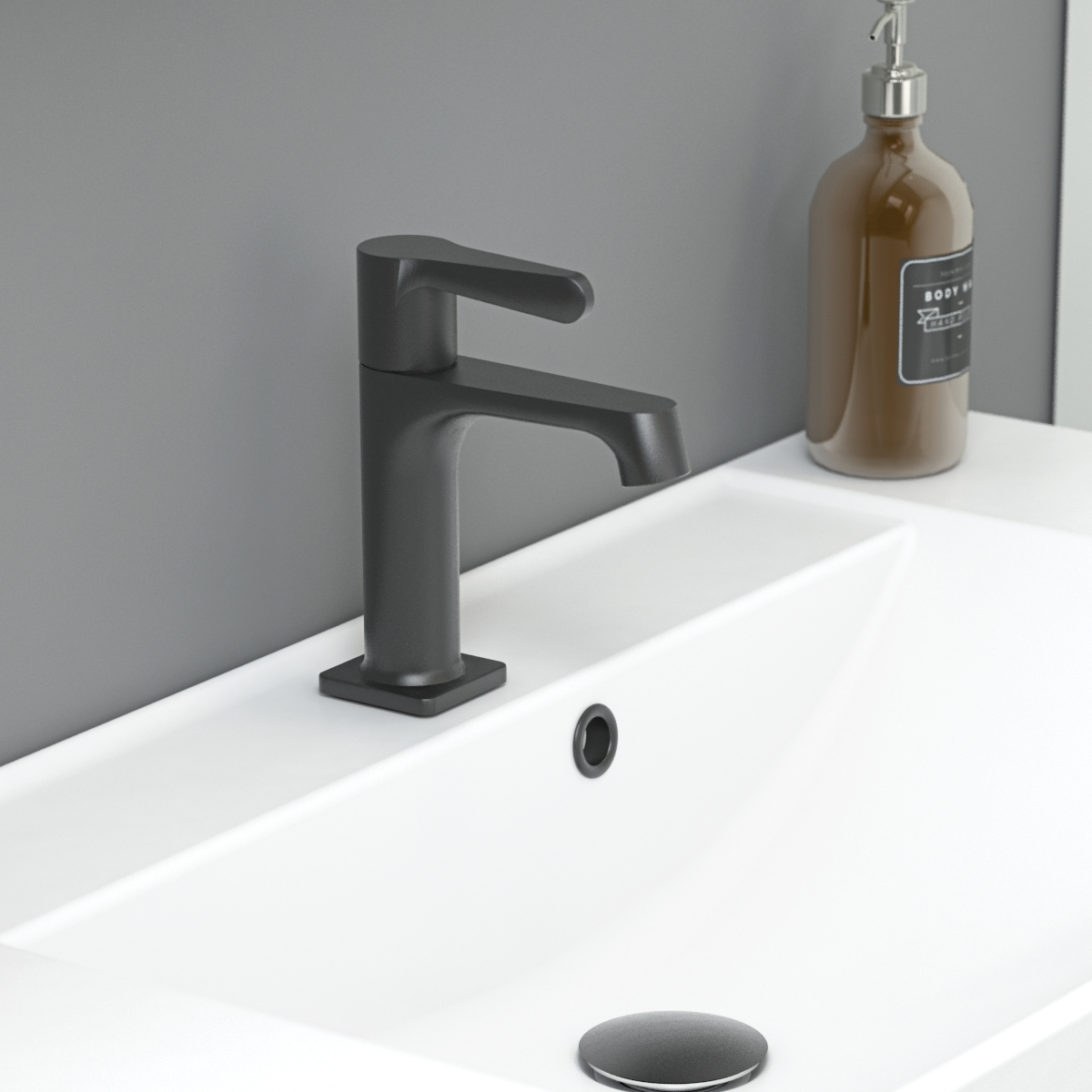 Stilfuld badeværelse inspiration med beige vaskeskab med inderskuffe, overskab, åben reol, oval spejl med belysning, matchende pendler, hylde under spejlet, og væghængt toilet. Vægge med lyse, aflange fliser
