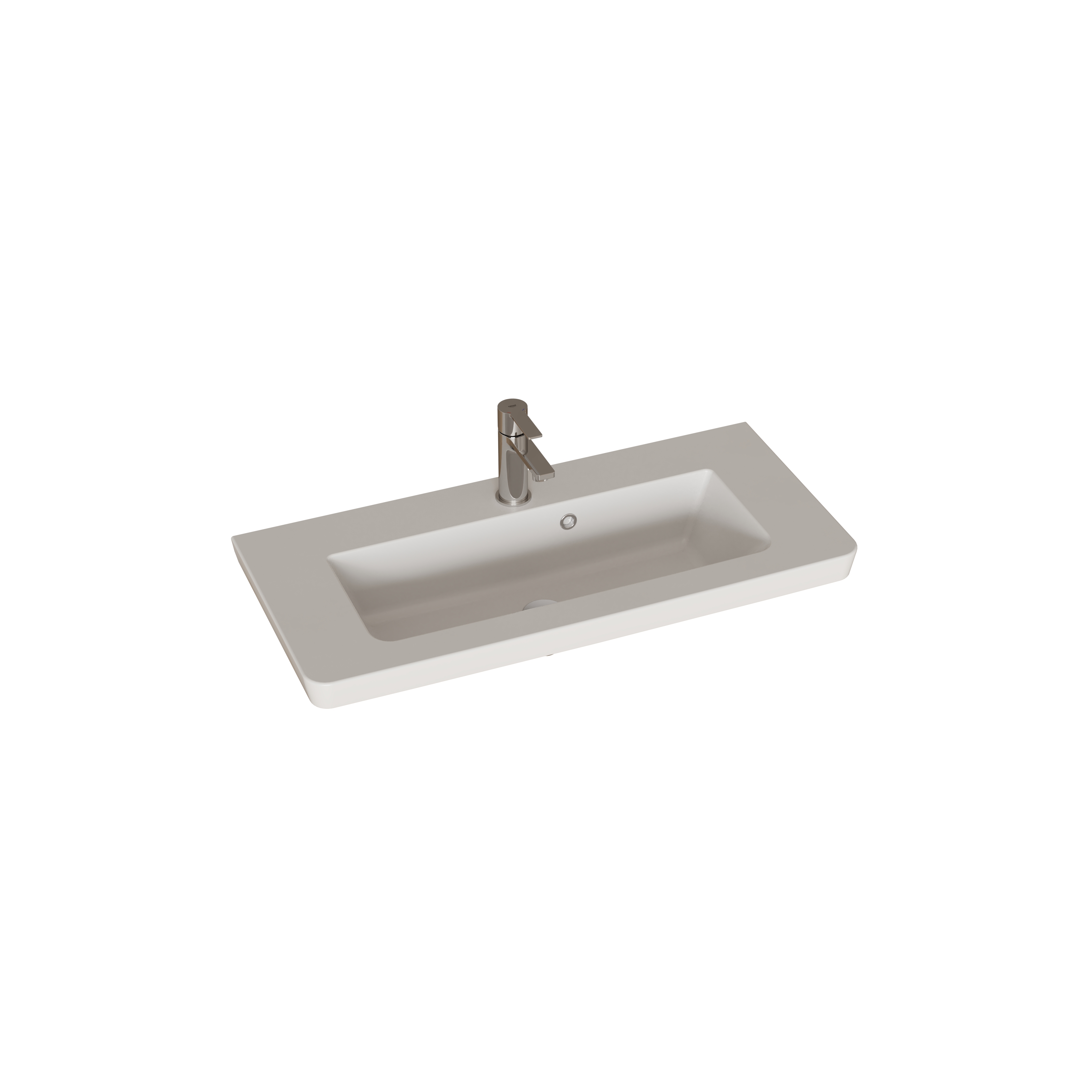 Lille badeværelse inspiration med vaskeskab og overskab over toilet i beige specialfarve, elegant spejlskab med integreret lys, de lyse farver og hvide gardin skaber en romantisk og feminin atmosfære.